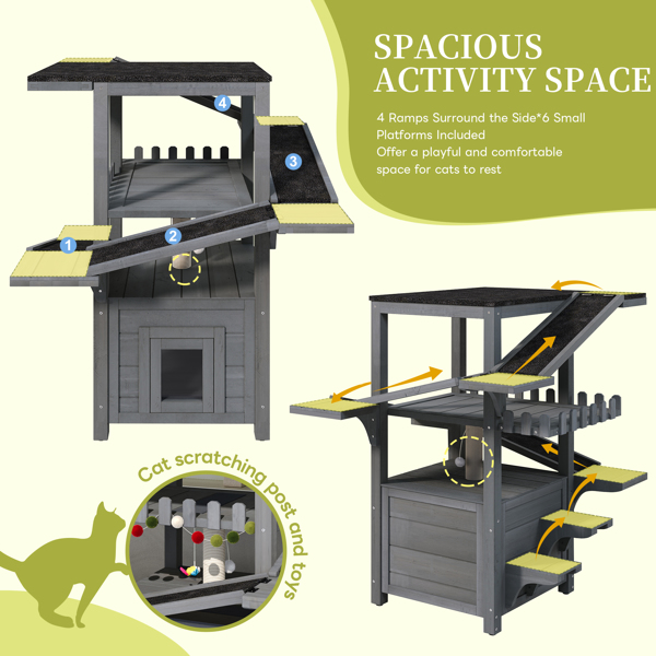 四层户外猫屋，防风雨猫树塔，带防水屋顶和两个门，流浪猫户外庇护所，多层游戏区带阳台，适用于小型动物，灰色--不支持self-pick up且不支持指定仓库发货-10
