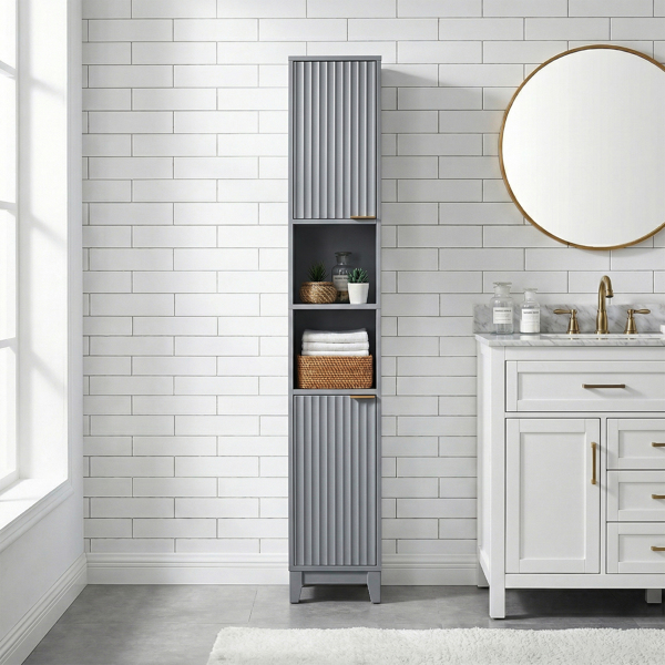 灰色 刨花板三胺贴面+密度板格栅吸塑 30*28*170cm 两门二搁架 浴室立柜-10