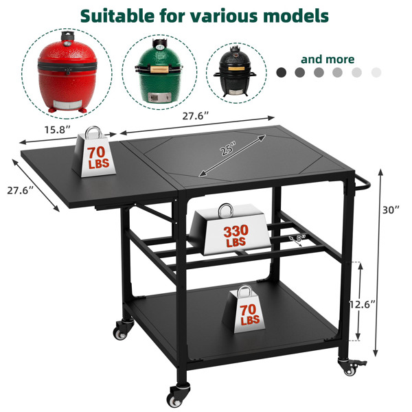 适用于Big Green Egg烧烤炉的户外烧烤桌，重型金属推车式备餐台，带轮子、储物架、挂钩和可拆卸中央盖，兼容大型Big Green Egg烧烤炉--不支持self-pick up且不支持指定仓库发货-9