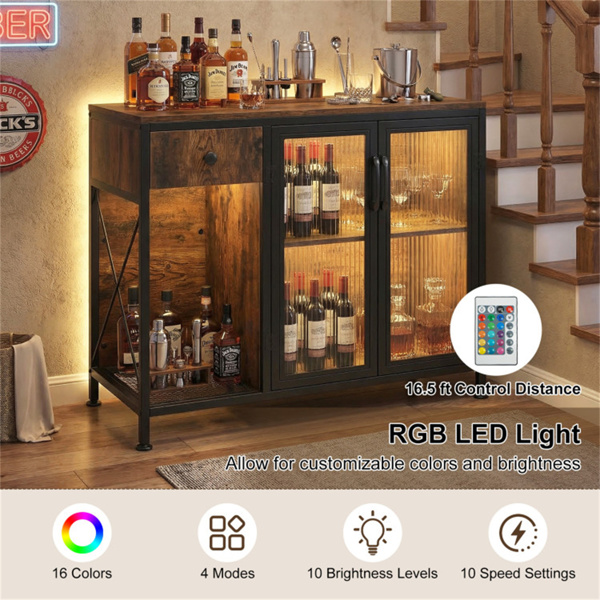 乡村棕色咖啡吧桌，带储物抽屉柜RGB LED和电源插座-10