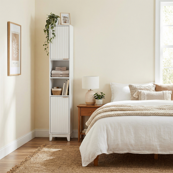 白色 刨花板三胺贴面+密度板格栅吸塑 30*28*170cm 两门二搁架 浴室立柜-11