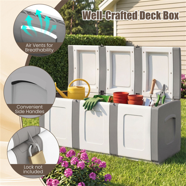 53加仑大型户外PP甲板箱防水储物箱，带可锁盖和侧把手- 灰色-7