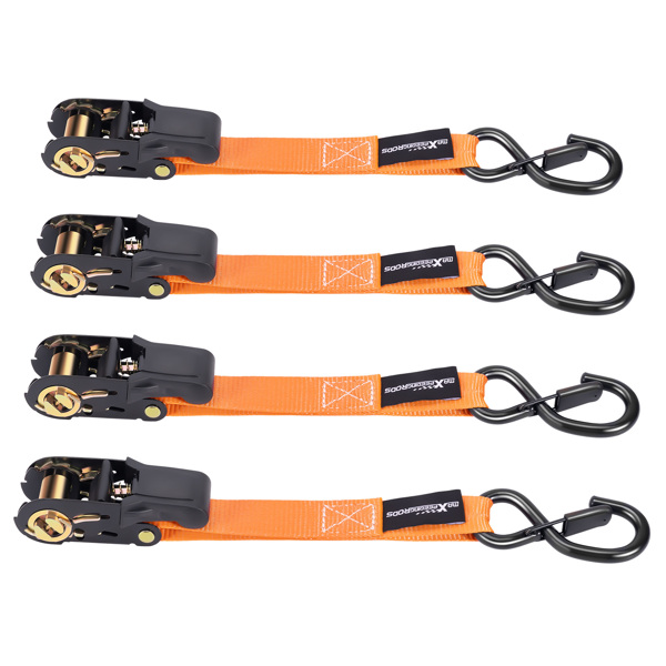 S-Hook 15ft Ratchet Tie Down Set 2200 lb 1 inch Safety Clip Motorcycle Orange-2