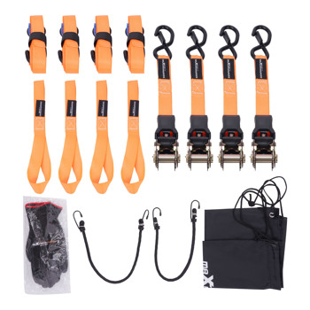 S-Hook 15ft Ratchet Tie Down Set 2200 lb 1 inch Safety Clip Motorcycle Orange