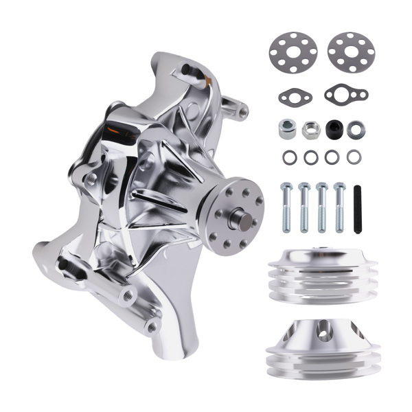 Long Water Pump& 2 / 3 Groove Crankshaft Pulley Kit fit for SBC Chevy 305 350 Chrome-6