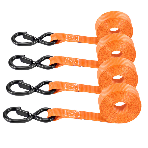 S-Hook 15ft Ratchet Tie Down Set 2200 lb 1 inch Safety Clip Motorcycle Orange-1