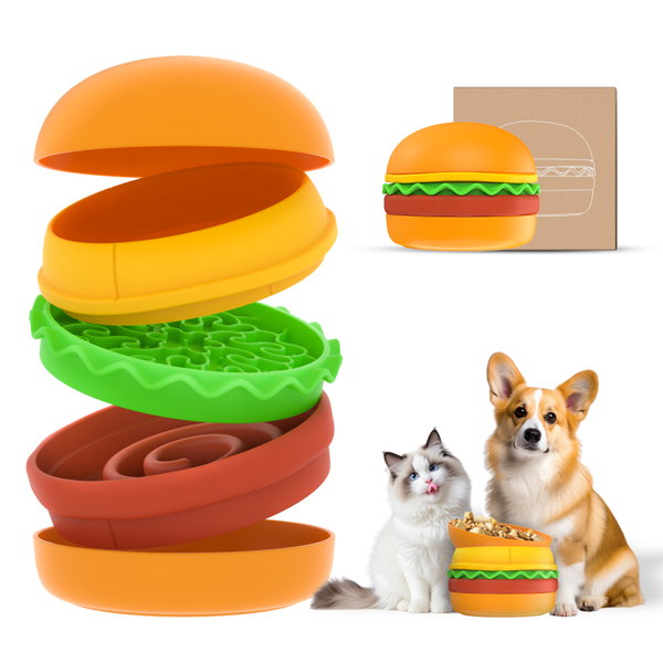 15*15*12cm 5合1汉堡宠物碗组合 倾斜碗 升降碗 缓食碗 舔食垫 防滑碗-1
