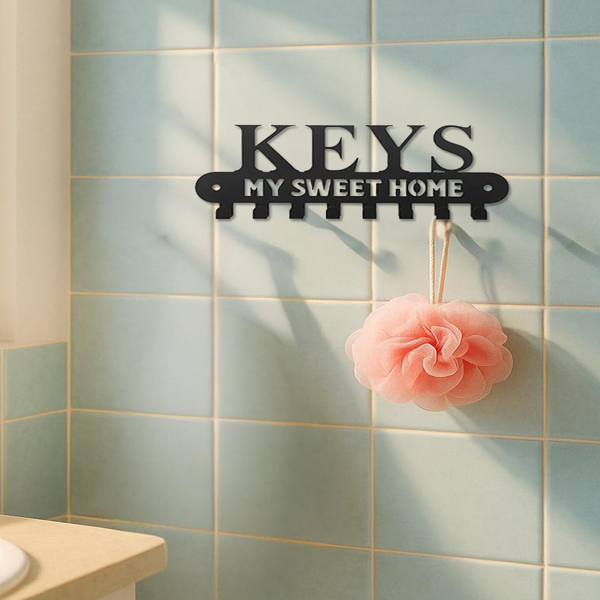 CIFbuy™ “温馨家园”钥匙扣及衣架套装 - 黑色金属壁挂挂钩，装饰性入口收纳架，适用于钥匙和衣物的耐用实用型物品收纳，时尚的家居收纳壁挂雕塑品（TikTok、temu下自提）-1