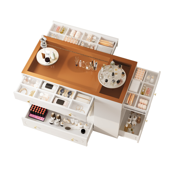 Closet Island with 6 Drawers, Wardrobe Armoire Bedroom Island with Glass Display Top and Open Shelves, Jewelry Storage Vanity Island with compartments, Walk-in Closet Island for Cloakroom, White-13