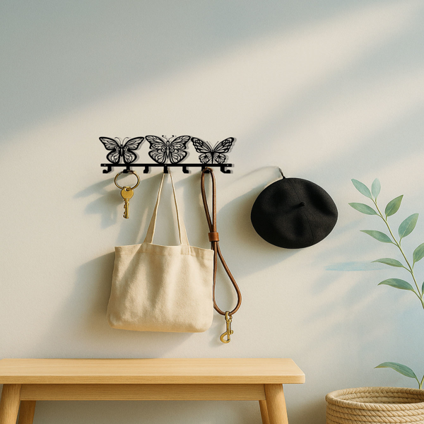 CIFbuy 1 件现代蝴蝶金属钥匙收纳盒：奢华手工锻造铁艺制品,可用于墙面存放，防锈，可作为入口装饰品，适合客厅和办公室使用，节省空间的钥匙挂钩，装饰性墙面艺术品墙雕。实用挂钩。（TikTok、temu下自提）-5