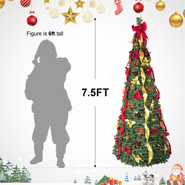 人造7.5英尺绿色伸缩圣诞树，18个金球，18个红球，18个金花，18个红花，1个红色小蝴蝶结，1个大蝴蝶结，6个丝带，圣诞节装饰-5