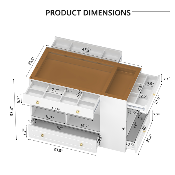 Closet Island with 6 Drawers, Wardrobe Armoire Bedroom Island with Glass Display Top and Open Shelves, Jewelry Storage Vanity Island with compartments, Walk-in Closet Island for Cloakroom, White-7