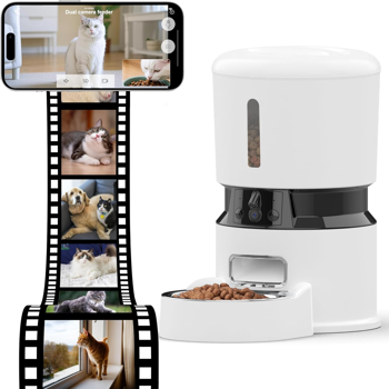 智能WiFi宠物喂食器 – 1080P双摄像头，夜视功能，语音控制，可编程定时器 – 白色
