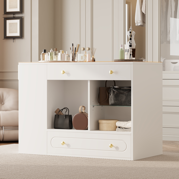 Closet Island with 6 Drawers, Wardrobe Armoire Bedroom Island with Glass Display Top and Open Shelves, Jewelry Storage Vanity Island with compartments, Walk-in Closet Island for Cloakroom, White-15