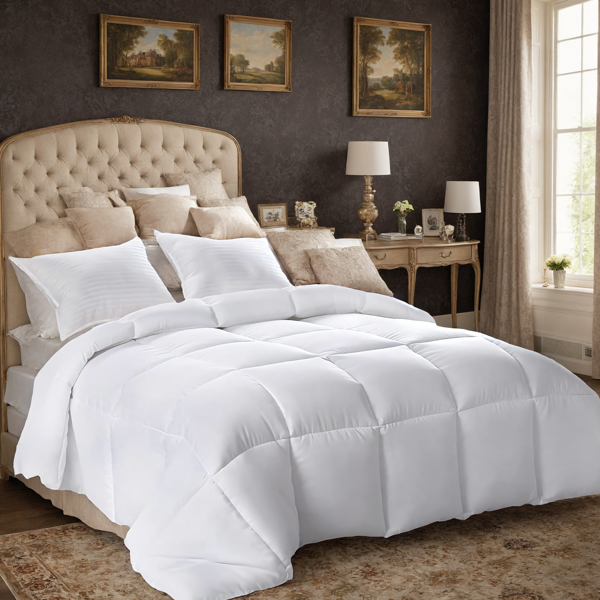 全涤磨毛单被芯（格子绗缝）超细纤维填充，四季可用，羽绒被替代物，透气保温，白色格子，OKO-100认证，CPC儿童认证，尾程发亚马逊物流-1