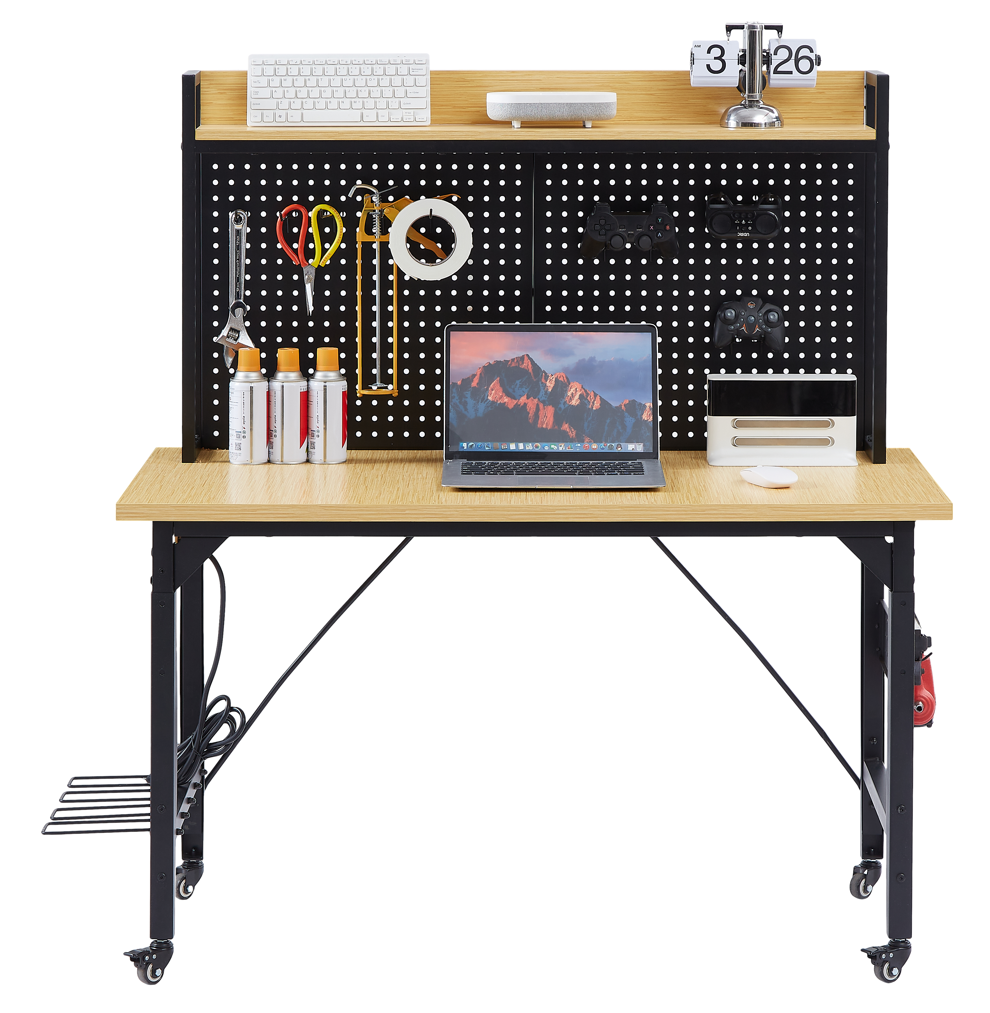 48”Adjustable Workbench with pegboard, Heavy Duty Wooden Desktop Workbench with Wheels, 1600 lb. Load Capacity