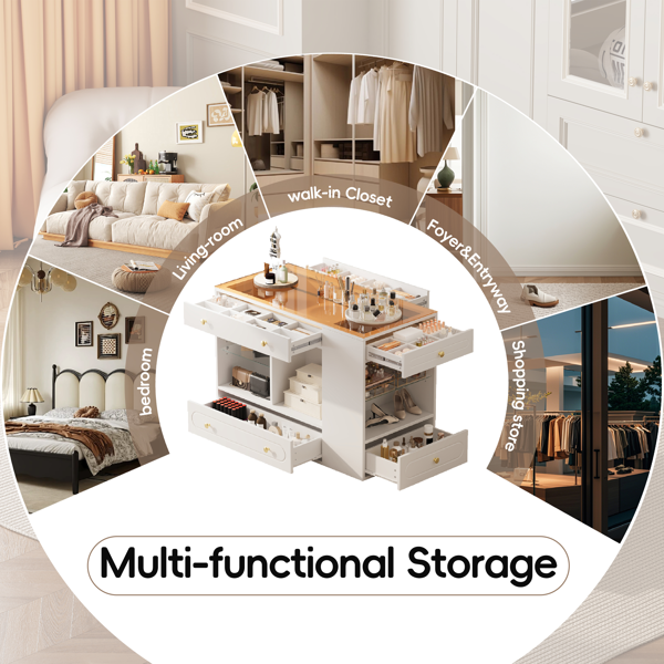 Closet Island with 6 Drawers, Wardrobe Armoire Bedroom Island with Glass Display Top and Open Shelves, Jewelry Storage Vanity Island with compartments, Walk-in Closet Island for Cloakroom, White-16