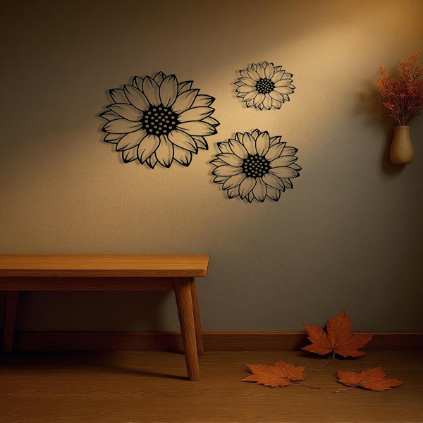 CIFbuy™向日葵轮廓吊坠套装 3件装 令人惊叹的优雅金属墙面装饰品，适用于家居装饰，非常适合卧室墙面装饰、客厅、餐厅或室内装饰品、时尚悬挂装饰品或墙面雕塑。（TikTok、temu下自提）-5