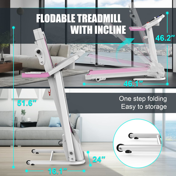 紧凑型折叠家用跑步机-2.5HP静音无刷电机，3级倾斜，7.5英里/小时，减震，节省空间设计，适合跑步、步行-小空间和家用跑步机-6