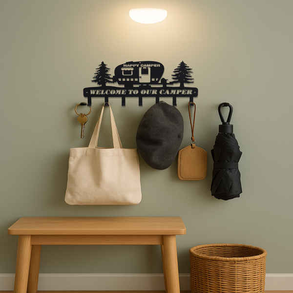 带有乡村金属露营钥匙扣的墙面装饰：7 个坚固的挂钩和一个迷人的松树图案，非常适合提升露营爱好者的墙面装饰效果，是墙面雕塑的绝佳选择。（TikTok、temu下自提）-4