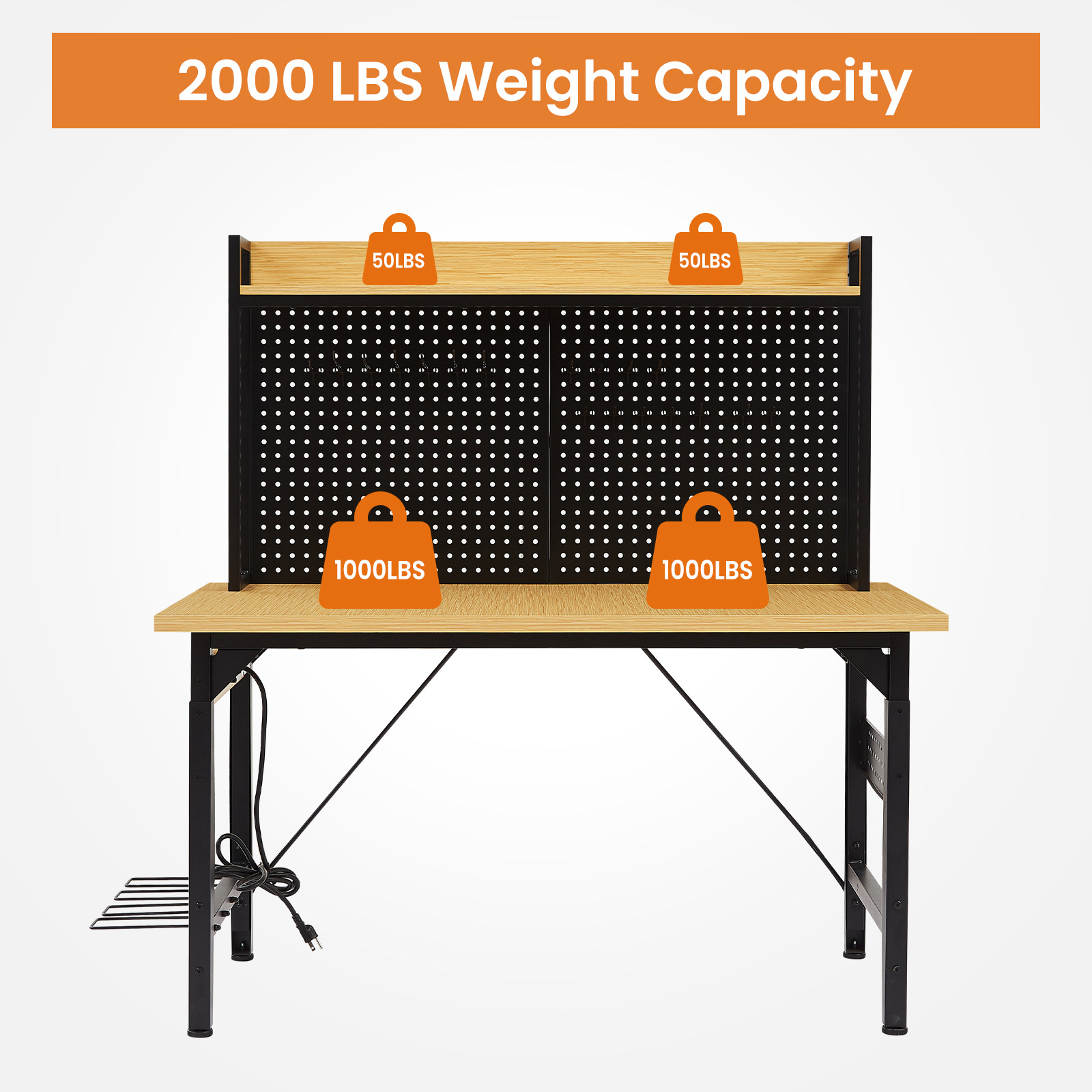 48”Adjustable Workbench with pegboard, Heavy Duty Wooden Desktop Workbench with Wheels, 1600 lb. Load Capacity view 3