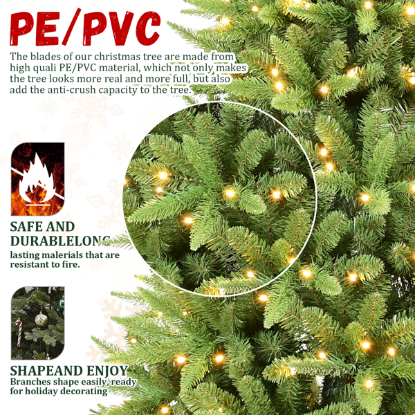 人造8英尺绿色圣诞树，1612PVC/硬针混合枝尖，500棵LED灯珠，记忆线+铁丝，优质铰链和可折叠底座圣诞节装饰-3