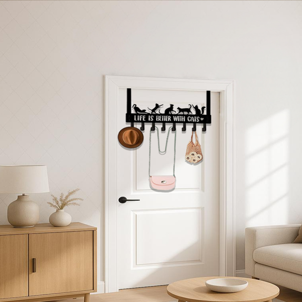 CIFbuy 独特的门上猫咪收纳盒：8 个多功能挂钩，适用于墙面或门，兼具趣味性与实用性，适用于入口、卧室和浴室的储物，适合宠物爱好者的装饰，美观的墙面艺术品和壁挂雕塑。实用挂钩。（TikTok、temu下自提）-3