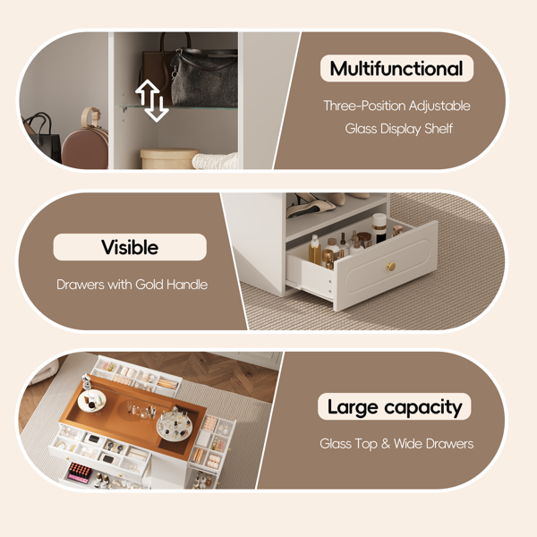 Closet Island with 6 Drawers, Wardrobe Armoire Bedroom Island with Glass Display Top and Open Shelves, Jewelry Storage Vanity Island with compartments, Walk-in Closet Island for Cloakroom, White-14
