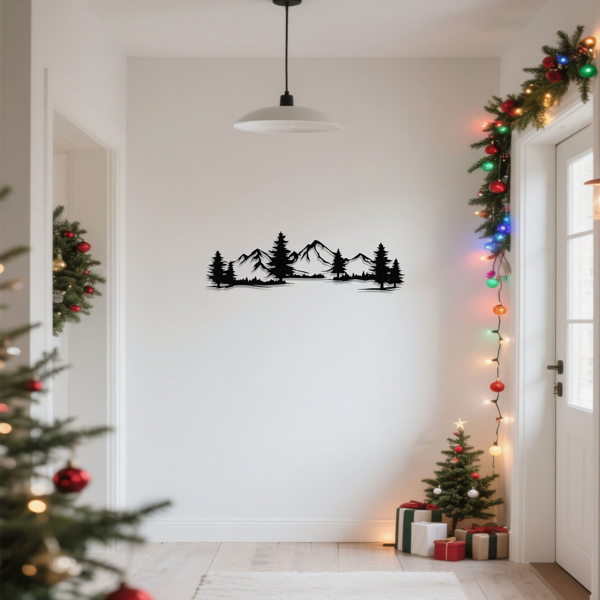 CIFbuy 乡村金属质感墙面装饰画：常青森林山脉设计，非常适合儿童房间和乡村装饰，是理想的圣诞礼物，室内以自然为主题的装饰品，时尚的墙面装饰品，喜庆的家居艺术墙面雕塑。墙面雕塑（TikTok、temu下自提）-2