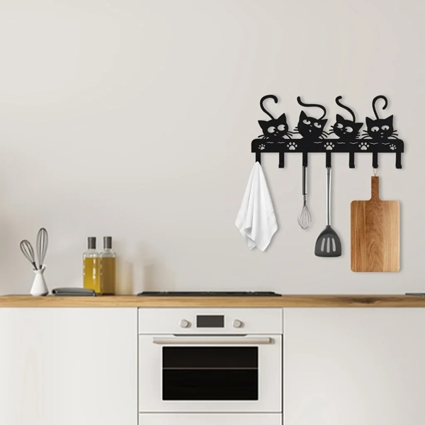 令人毛骨悚然的黑猫墙上安装钥匙持有人与7挂钩和可爱的万圣节猫设计-理想的幽灵的家庭装饰（TikTok、temu下自提）-4