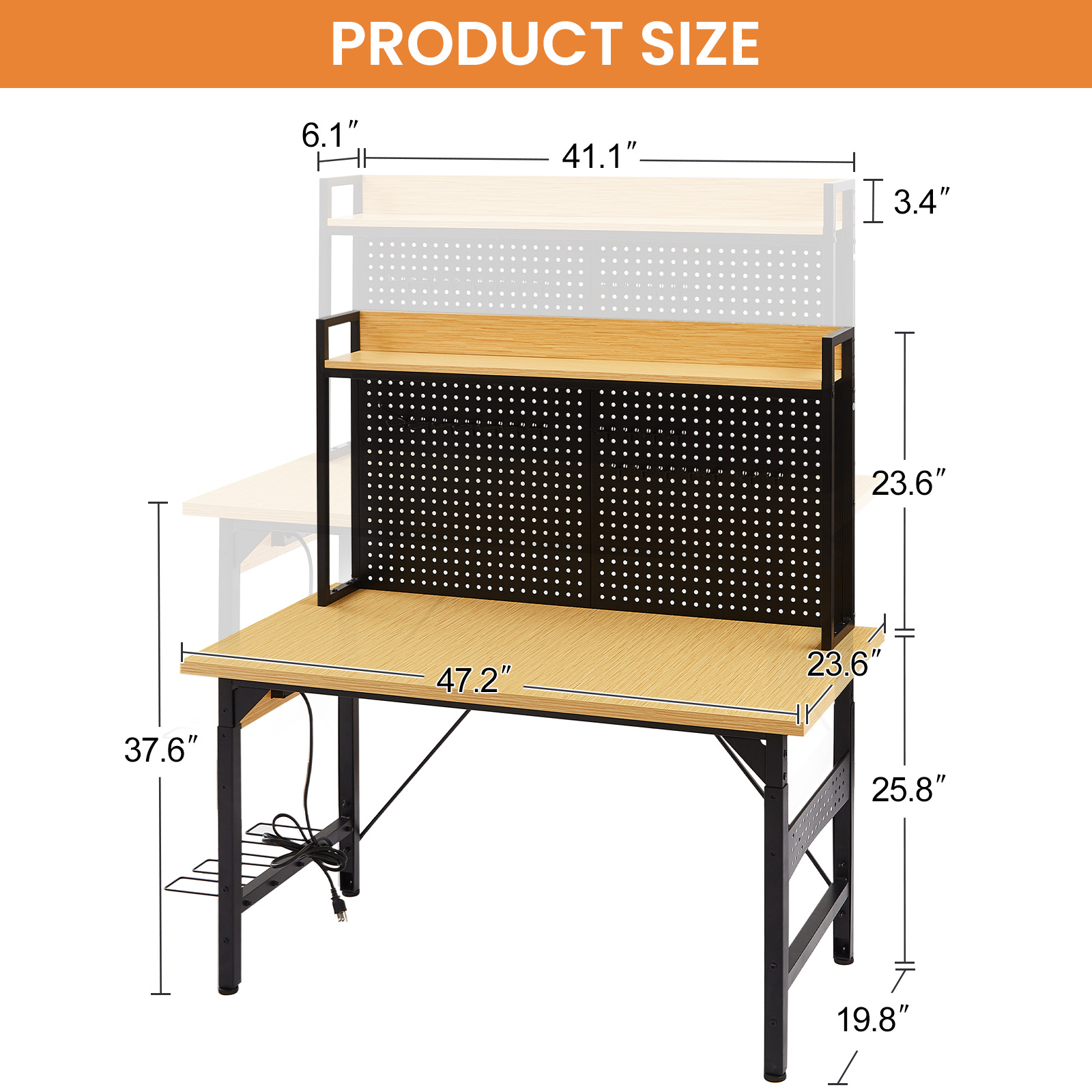 48”Adjustable Workbench with pegboard, Heavy Duty Wooden Desktop Workbench with Wheels, 1600 lb. Load Capacity view 5
