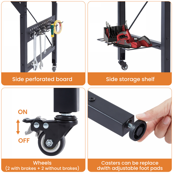 48 英寸可调节工作台，带钉板，重型木制桌面工作台，带轮子，承重 1600 磅。承重能力，滚动工作台带 AC/USB 插座、挂钩、架子，适用于车库、车间、办公室、家庭。-4