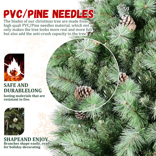 人造7英尺植绒圣诞树，1348PVC/硬针混合枝尖，天然松果，优质铰链和可折叠底座圣诞节装饰-5