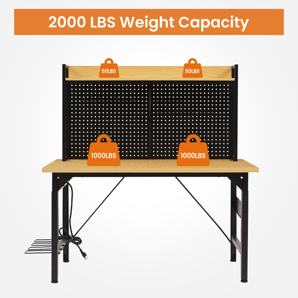 48 英寸可调节工作台，带钉板，重型木制桌面工作台，带轮子，承重 1600 磅。承重能力，滚动工作台带 AC/USB 插座、挂钩、架子，适用于车库、车间、办公室、家庭。-3