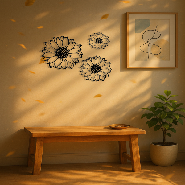 CIFbuy™向日葵轮廓吊坠套装 3件装 令人惊叹的优雅金属墙面装饰品，适用于家居装饰，非常适合卧室墙面装饰、客厅、餐厅或室内装饰品、时尚悬挂装饰品或墙面雕塑。（TikTok、temu下自提）-6