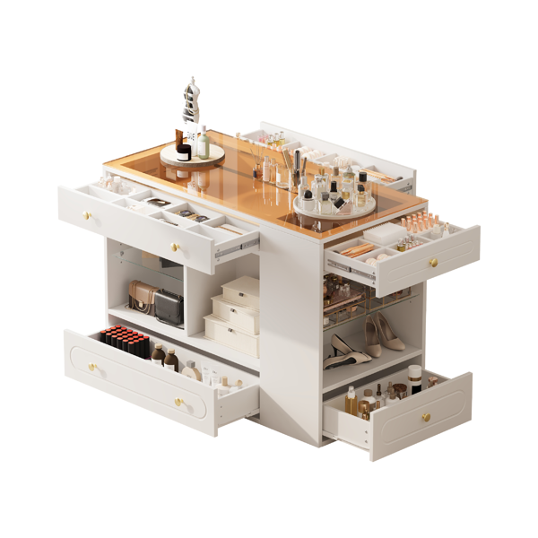 Closet Island with 6 Drawers, Wardrobe Armoire Bedroom Island with Glass Display Top and Open Shelves, Jewelry Storage Vanity Island with compartments, Walk-in Closet Island for Cloakroom, White-12