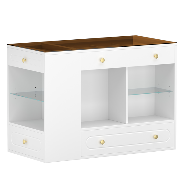 Closet Island with 6 Drawers, Wardrobe Armoire Bedroom Island with Glass Display Top and Open Shelves, Jewelry Storage Vanity Island with compartments, Walk-in Closet Island for Cloakroom, White-8