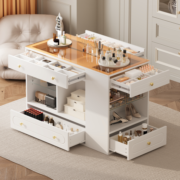 Closet Island with 6 Drawers, Wardrobe Armoire Bedroom Island with Glass Display Top and Open Shelves, Jewelry Storage Vanity Island with compartments, Walk-in Closet Island for Cloakroom, White-19