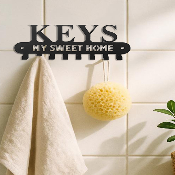 CIFbuy™ “温馨家园”钥匙扣及衣架套装 - 黑色金属壁挂挂钩，装饰性入口收纳架，适用于钥匙和衣物的耐用实用型物品收纳，时尚的家居收纳壁挂雕塑品（TikTok、temu下自提）-2