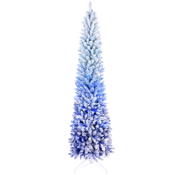 6 英尺蓝色渐变植绒铅笔圣诞树，配有 200 个暖白色 LED 灯、485 个尖端、铰链式树枝、纤薄设计、金属支架 - 窄型预装灯树，适合节日家居装饰-1