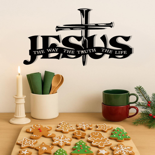 耶稣十字金属墙面装饰画 - 带 “道路、真理、生命” 标志 | 防锈防水 + 抗褪色复古烤漆，易安装 | 基督教家居装饰，适配卧室 / 客厅 / 浴室 / 厨房 | 独特乔迁、生日礼物（TikTok、temu下自提）-1
