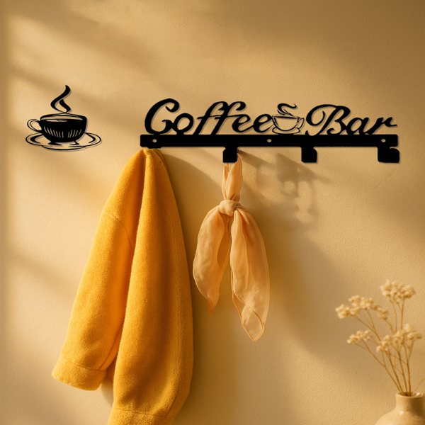 CIFbuy™ 咖啡杯架带挂钩 - 壁挂式精美金属墙面装饰品，适用于咖啡吧、厨房，带有装饰檐口的马克杯收纳盒，节省空间的家庭存储解决方案，实用挂钩、墙面雕塑-5