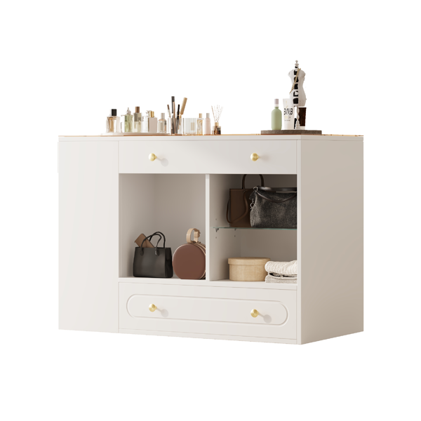 Closet Island with 6 Drawers, Wardrobe Armoire Bedroom Island with Glass Display Top and Open Shelves, Jewelry Storage Vanity Island with compartments, Walk-in Closet Island for Cloakroom, White-6