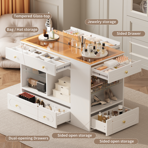 Closet Island with 6 Drawers, Wardrobe Armoire Bedroom Island with Glass Display Top and Open Shelves, Jewelry Storage Vanity Island with compartments, Walk-in Closet Island for Cloakroom, White-18