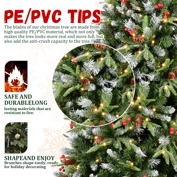 人造7英尺绿色LED灯圣诞树，2178PE/PVC混合枝尖，红果和松果，优质铰链和可折叠底座圣诞节装饰-5