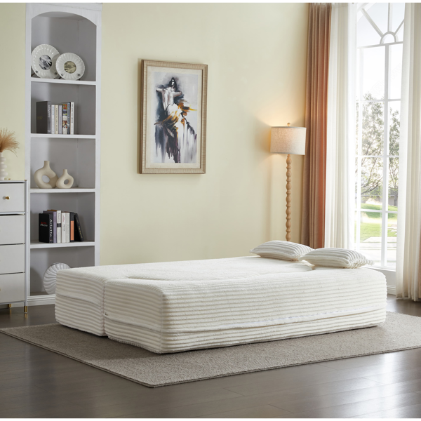 现代落地沙发，带 2 个枕头，可转换毛绒灯芯绒泡沫填充沙发床，15 英寸全尺寸折叠床垫，适用于客厅、客床，无需组装，米色-9