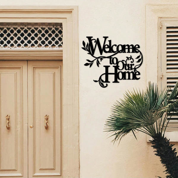 诱人的金属“欢迎来到我们的家”的墙壁标志：迷人的墙壁装饰挂件。邀请的欢迎标志是一个令人愉快的家庭装饰的一部分，在门廊和客厅创造一个迷人的氛围与美丽的墙壁雕塑（TikTok、temu下自提）-4