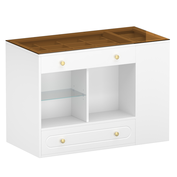 Closet Island with 6 Drawers, Wardrobe Armoire Bedroom Island with Glass Display Top and Open Shelves, Jewelry Storage Vanity Island with compartments, Walk-in Closet Island for Cloakroom, White-5