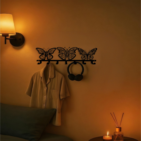 CIFbuy 1 件现代蝴蝶金属钥匙收纳盒：奢华手工锻造铁艺制品,可用于墙面存放，防锈，可作为入口装饰品，适合客厅和办公室使用，节省空间的钥匙挂钩，装饰性墙面艺术品墙雕。实用挂钩。（TikTok、temu下自提）-2