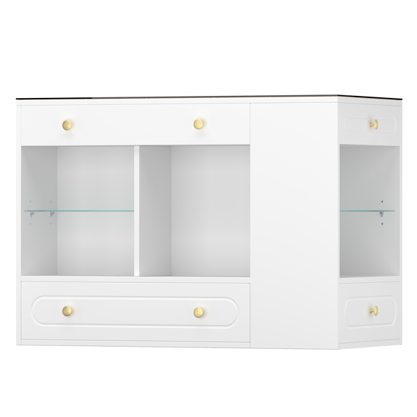Closet Island with 6 Drawers, Wardrobe Armoire Bedroom Island with Glass Display Top and Open Shelves, Jewelry Storage Vanity Island with compartments, Walk-in Closet Island for Cloakroom, White-2